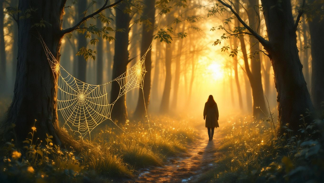 O femeie care merge pe un drum de pădure, înconjurată de copaci, cu o pânză de păianjen strălucind în lumina dimineții.