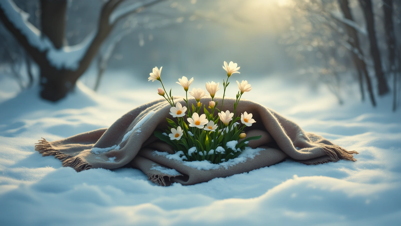 O pătură bej așezată pe zăpadă, în mijlocul căreia cresc flori albe, simbolizând confortul și protecția în vis.