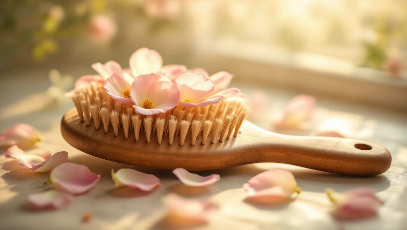 O perie de păr din lemn, decorată cu petale de flori roz, simbolizând armonie și ordine.