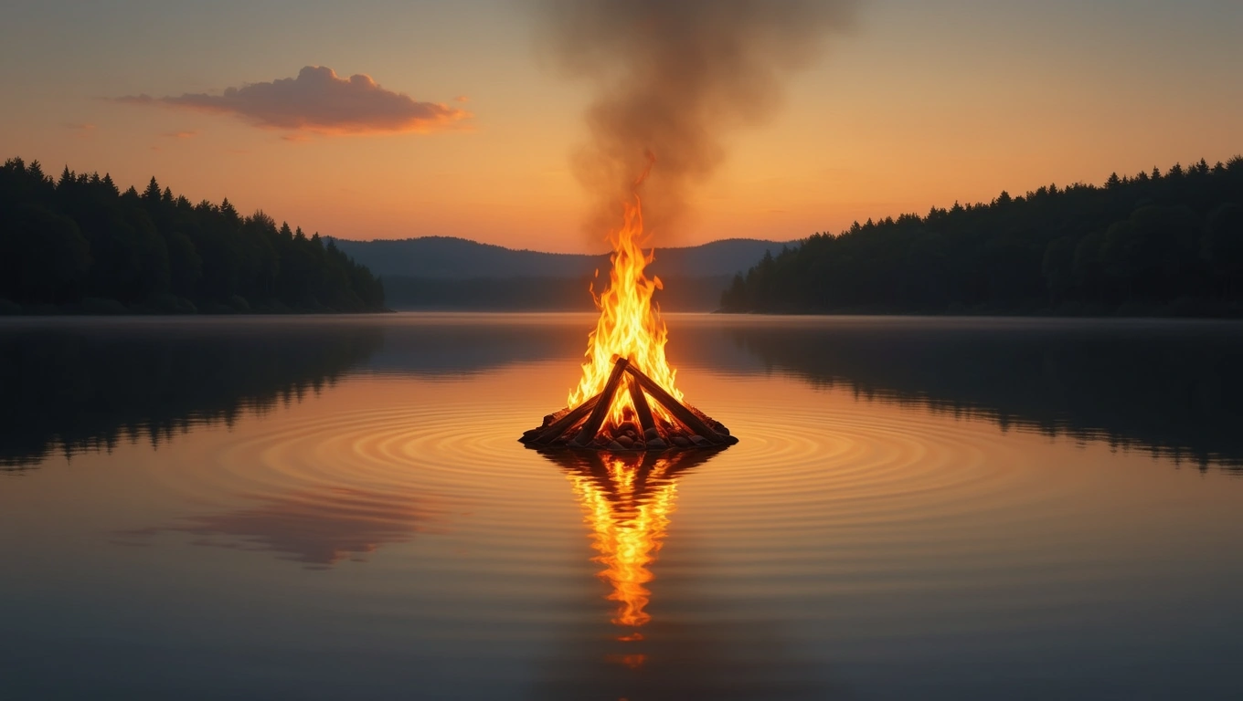 Un rug aprins strălucește pe un lac calm, reflectând lumina în apus.