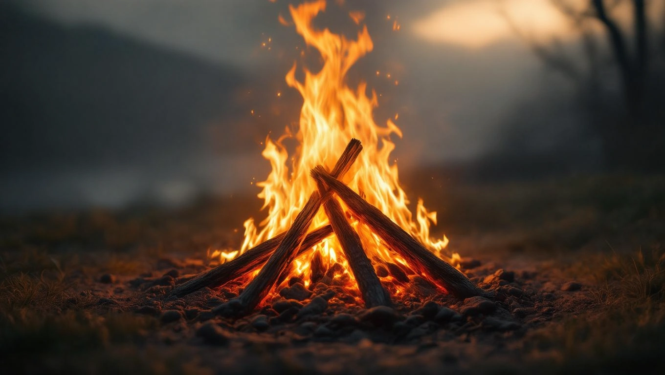 Un rug aprins strălucește în noapte, simbolizând transformare și curățare spirituală.