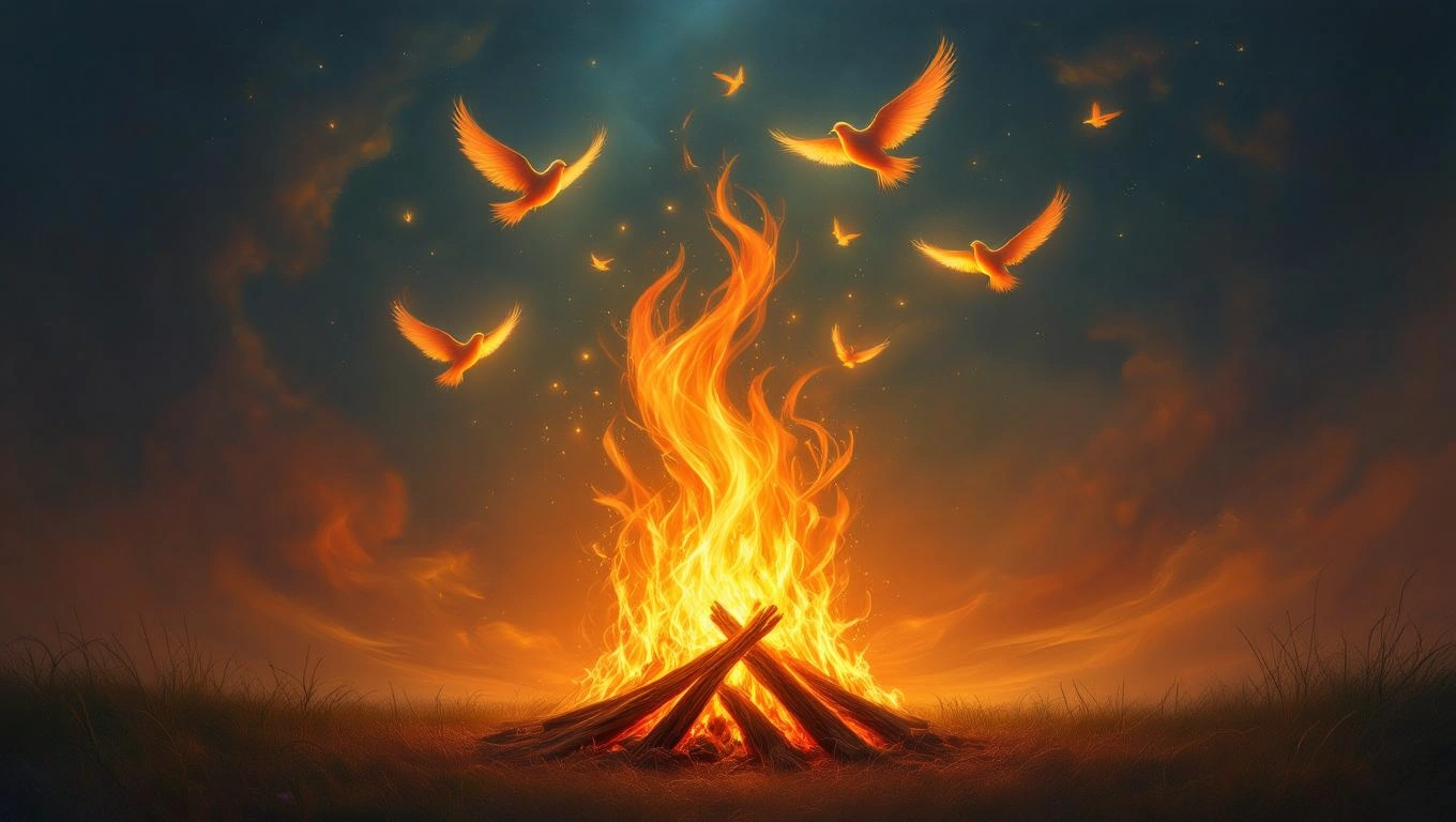 Un rug aprins strălucește în noapte, înconjurat de păsări care zboară spre cer, simbolizând transformarea și eliberarea spirituală.