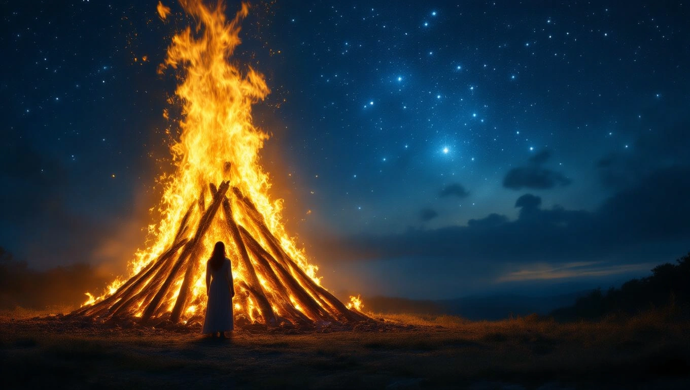 O femeie stă în fața unui rug aprins sub cerul înstelat, simbolizând transformare și curățare spirituală.