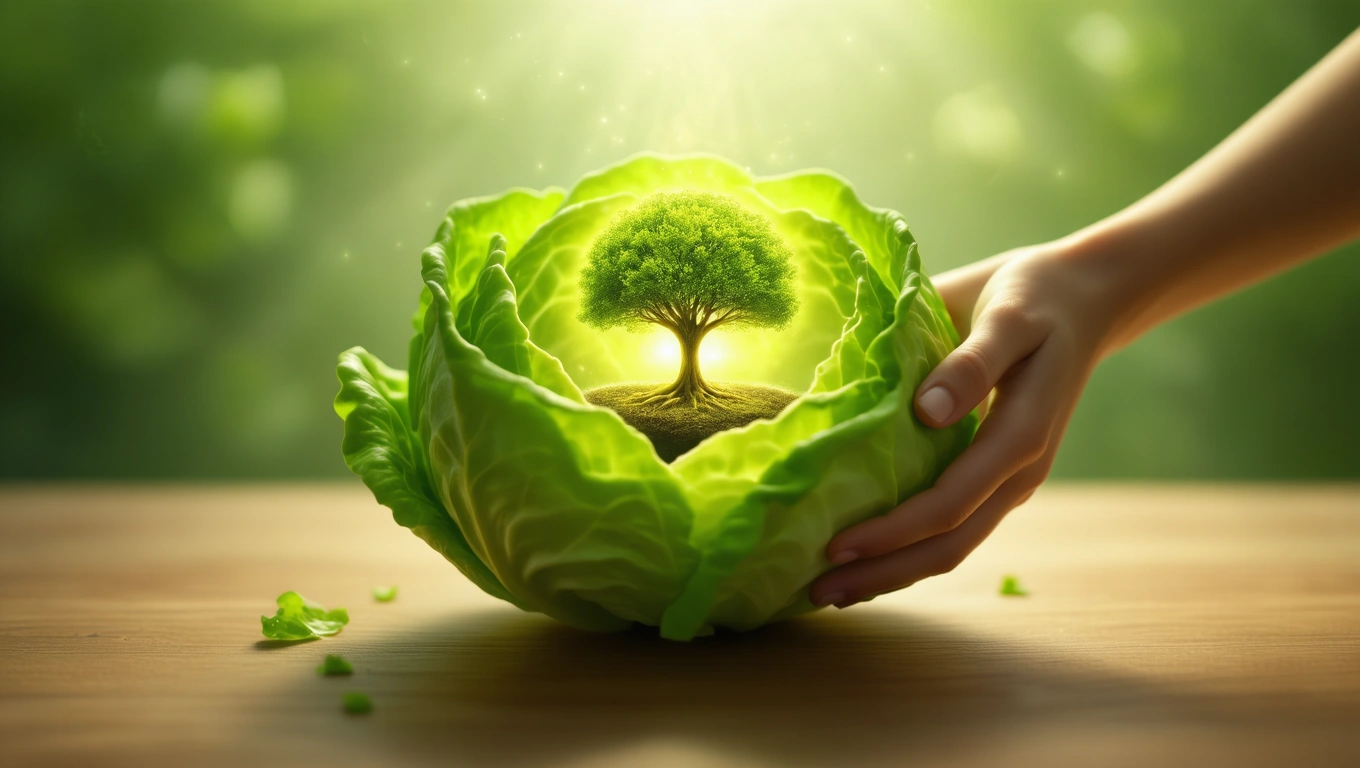 O mână ține o salată verde, din care răsare un copac verde strălucitor, simbolizând prospețimea și echilibrul.