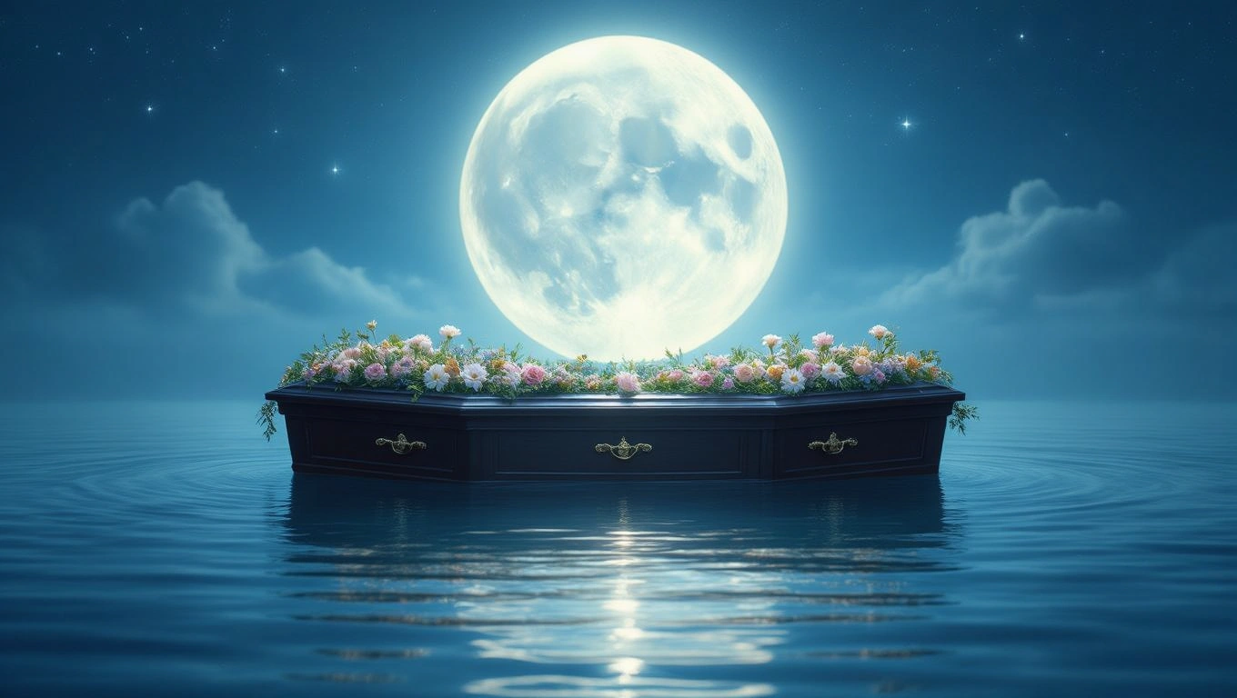 Un sicriu elegant, înconjurat de flori, plutind pe apă sub o lună plină strălucitoare.
