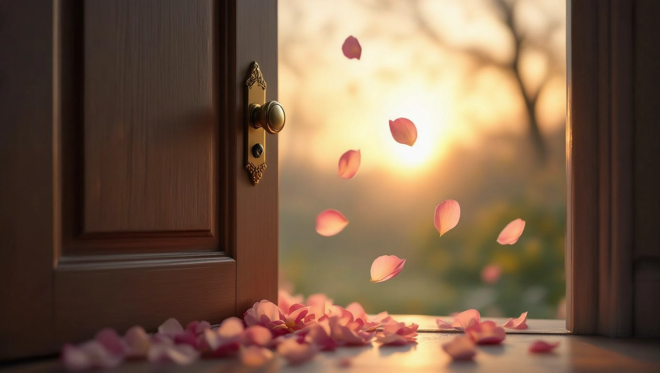O ușă deschisă, cu petale de flori căzute pe podea, simbolizând oportunități și conexiuni noi.