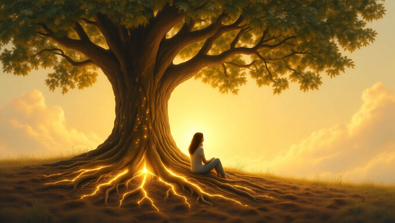 O femeie stă lângă un castan mare, admirând rădăcinile luminoase și soarele apunând în fundal.