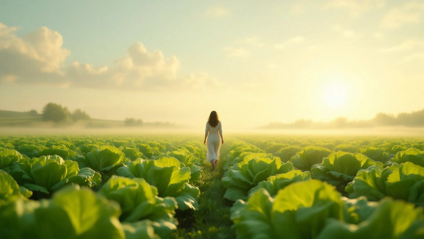 O femeie îmbrăcată în alb merge pe un câmp de salată verde, sub un cer senin.