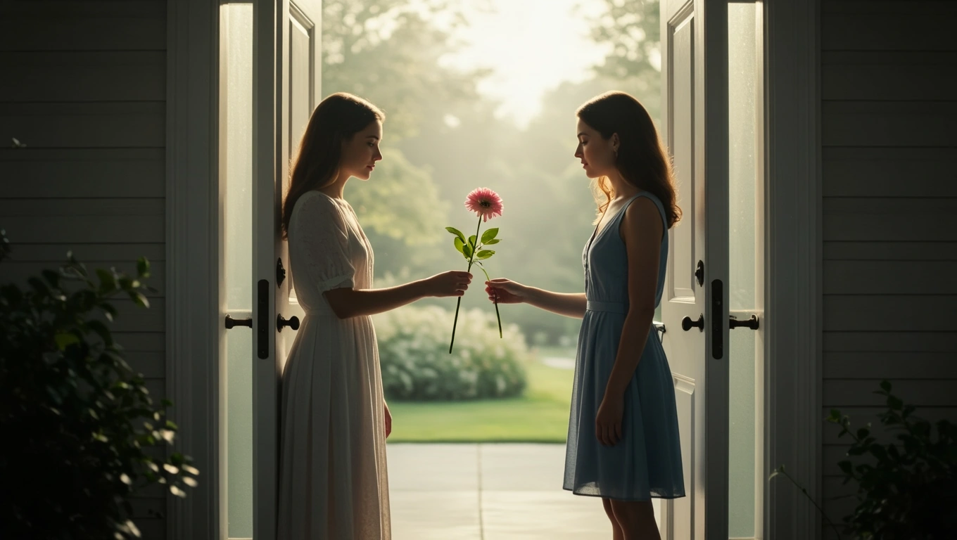 Două femei stau în ușa deschisă, una oferind o floare celeilalte, simbolizând conexiunea și schimbarea.