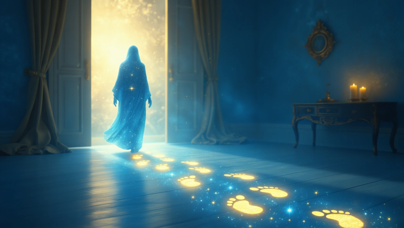 O siluetă misterioasă pășește spre o ușă deschisă, lăsând urme strălucitoare pe podea, simbolizând conexiuni și noi începuturi.