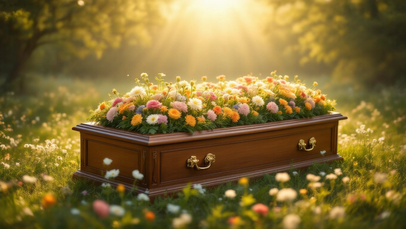 Un sicriu elegant, acoperit cu flori colorate, într-un peisaj natural luminos, simbolizând transformarea și renașterea.