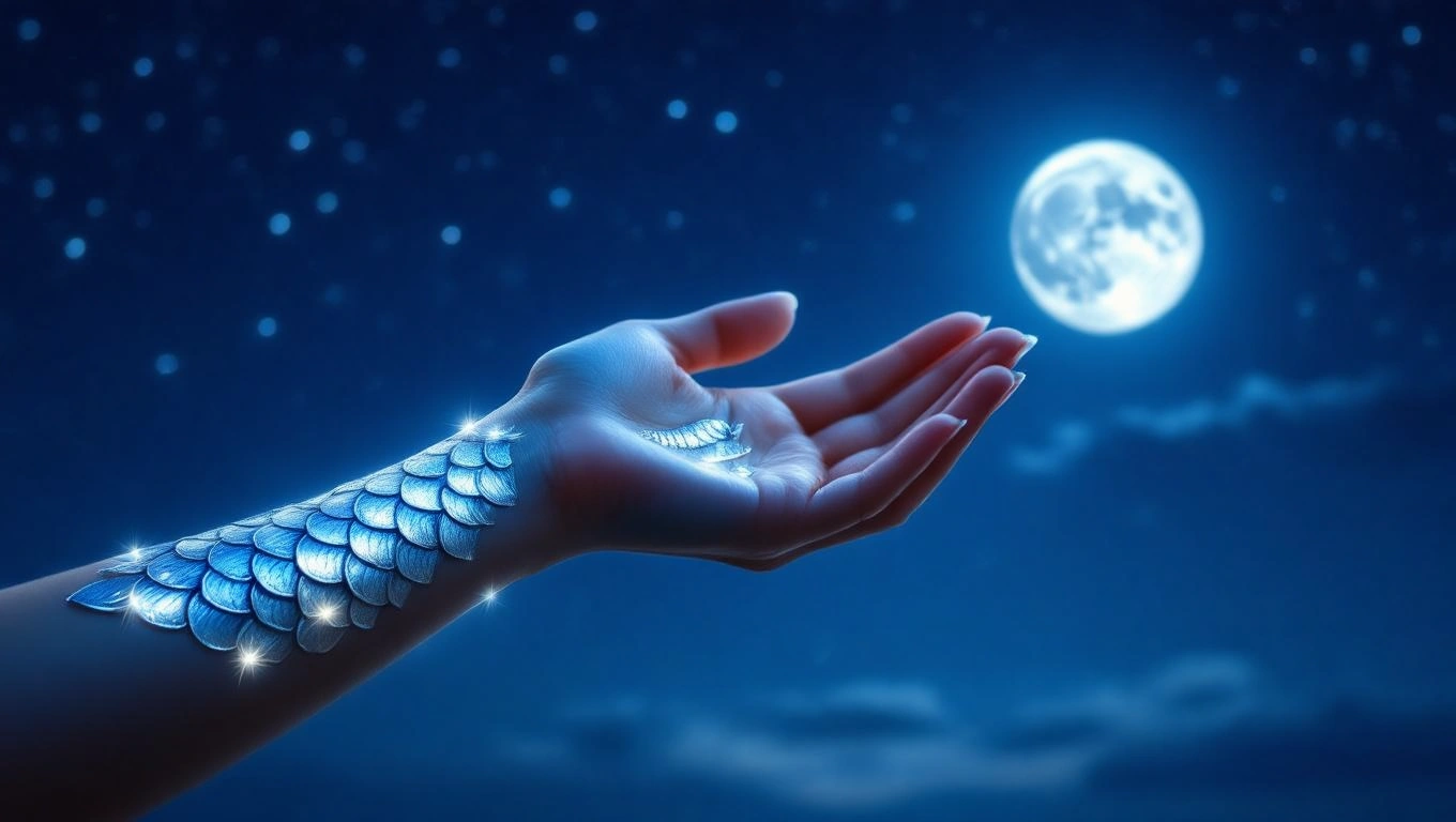 O mână cu solzi strălucitori, simbolizând protecție și transformare, sub lumina lunii.