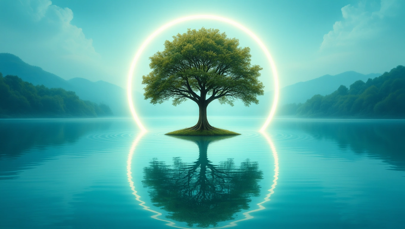 Un castan solitar se ridică pe o mică insulă, reflectându-se în apa calmă, simbolizând puterea interioară și stabilitatea.