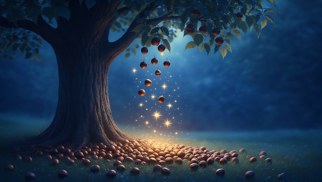 Un castan impunător, cu fructe căzute pe iarba verde, simbolizând puterea și stabilitatea în fața provocărilor.