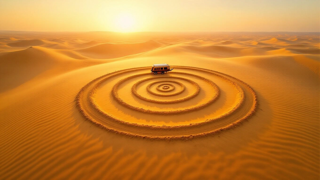 O caravană situată în mijlocul unui peisaj de nisip, înconjurată de cercuri de nisip, simbolizând aventura și explorarea.