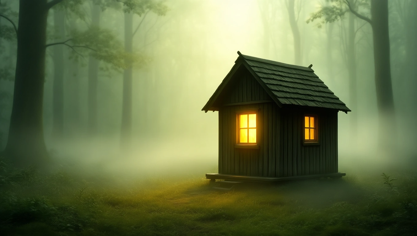 O colibă mică, din lemn, cu feronerie simplă, strălucește în lumina blândă a dimineții, înconjurată de un peisaj de pădure misterioasă.
