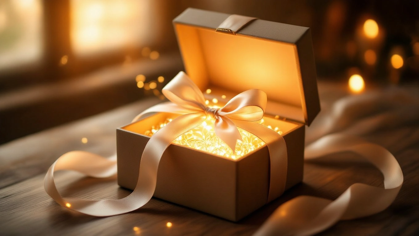 O cutie elegantă deschisă, cu o fundiță delicată, emanând o lumină caldă și strălucitoare, simbolizând frumusețea și noi începuturi.