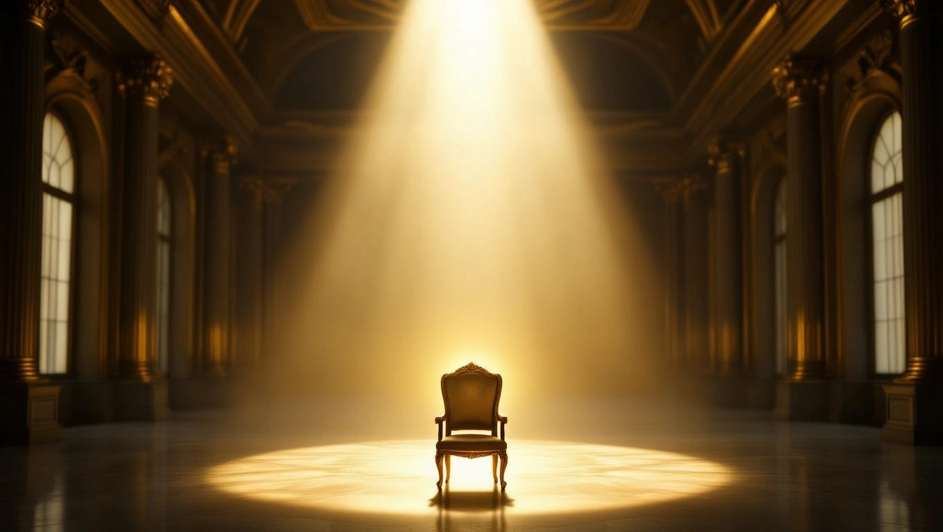 Un scaun elegant, iluminat de o rază de lumină, simbolizând puterea și autoritatea, într-o încăpere grandioasă.