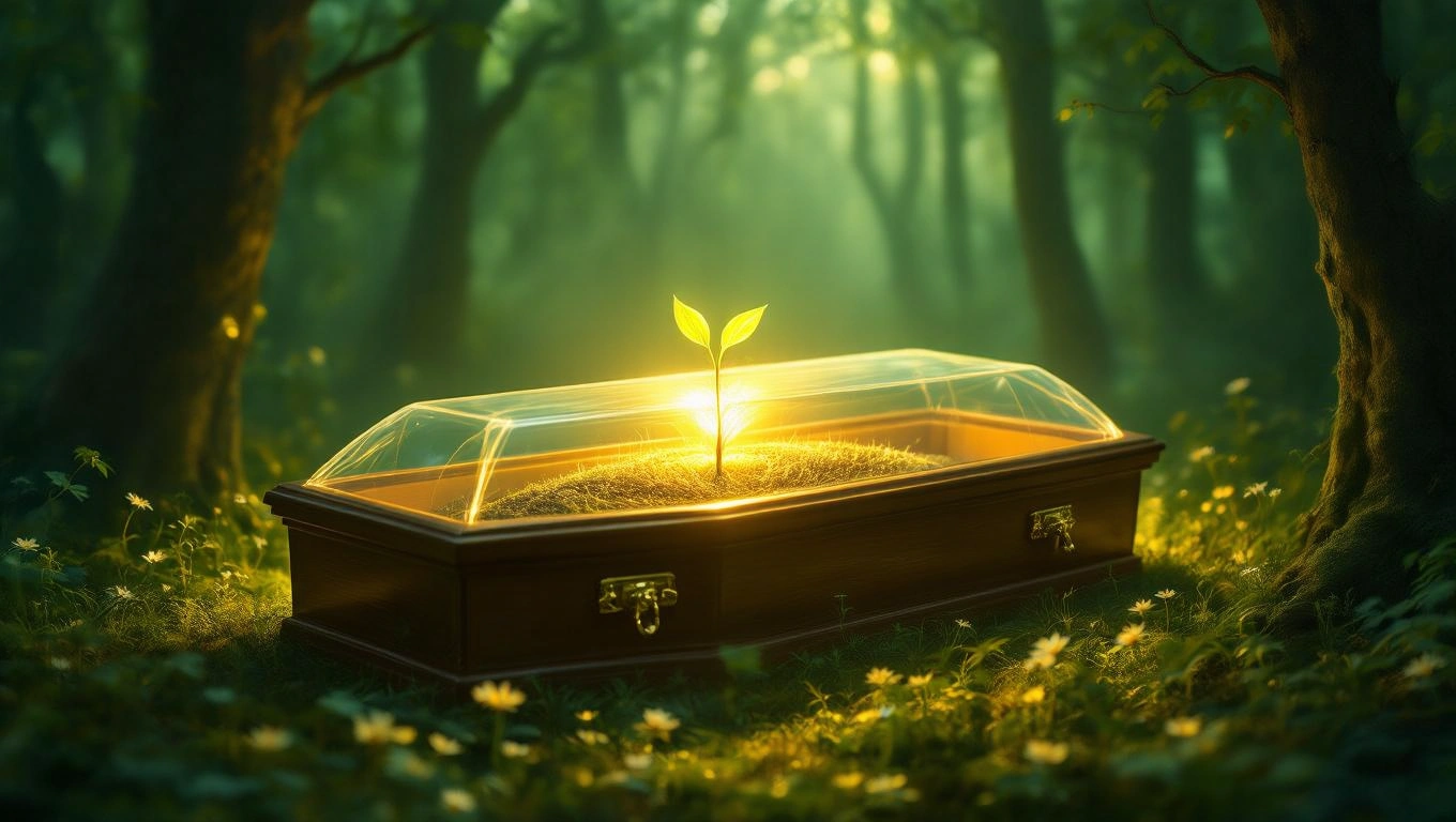 Un sicriu din lemn cu un lăstar verde care crește în interior, simbolizând renașterea și noi începuturi.