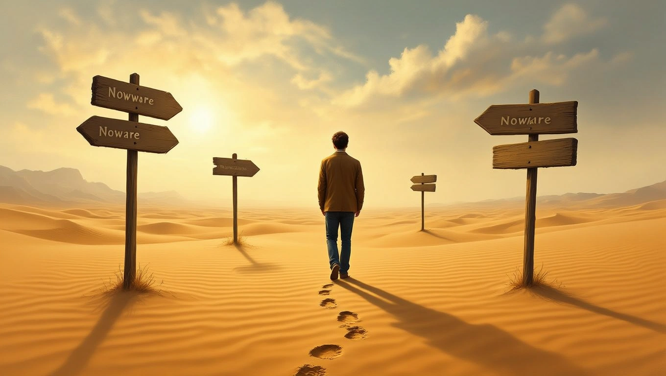 Un bărbat stă în mijlocul unei pustiuri, în fața unor semne de direcție, simbolizând confuzia și lipsa de soluții.