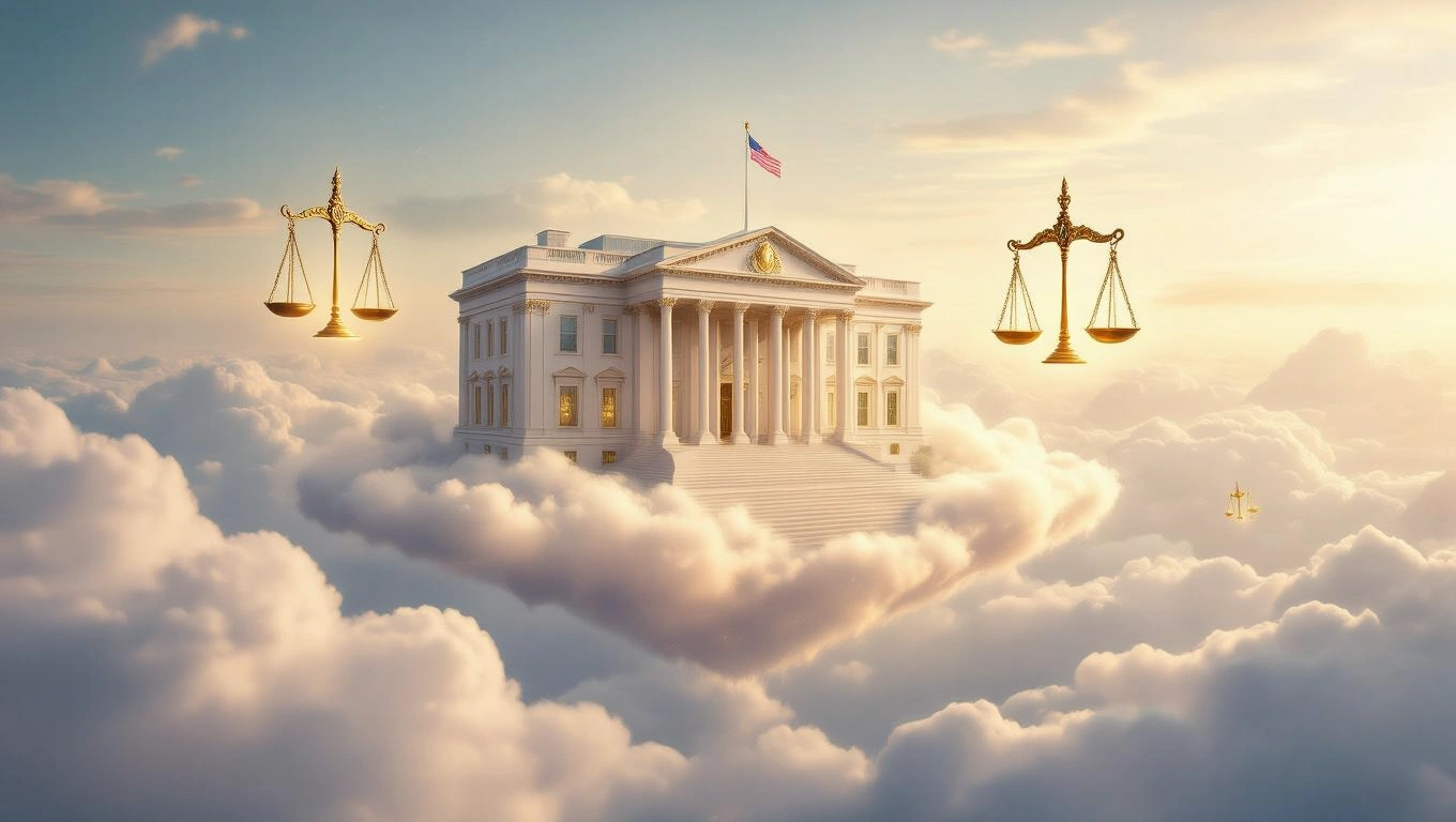 O clădire impunătoare, simbolizând puterea, plutește printre nori, cu balanțe de justiție de o parte și de alta.