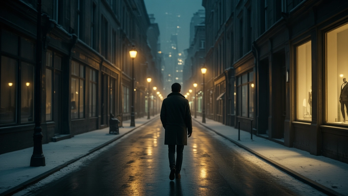 Un bărbat singur merge pe o stradă pustie, luminată de felinare, în noaptea rece de iarnă.