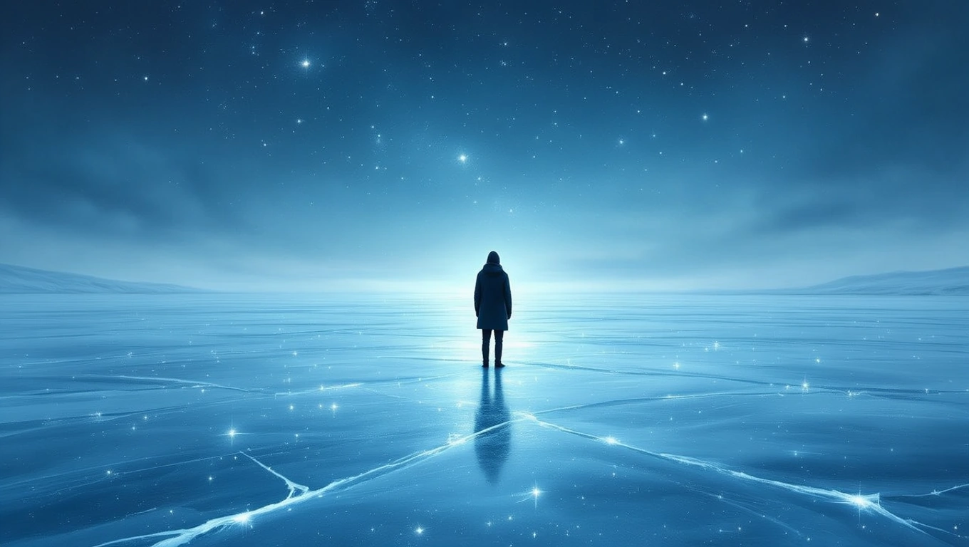 O persoană solitară stă pe un lac înghețat, sub un cer plin de stele, simbolizând introspecția și căutarea sinelui.