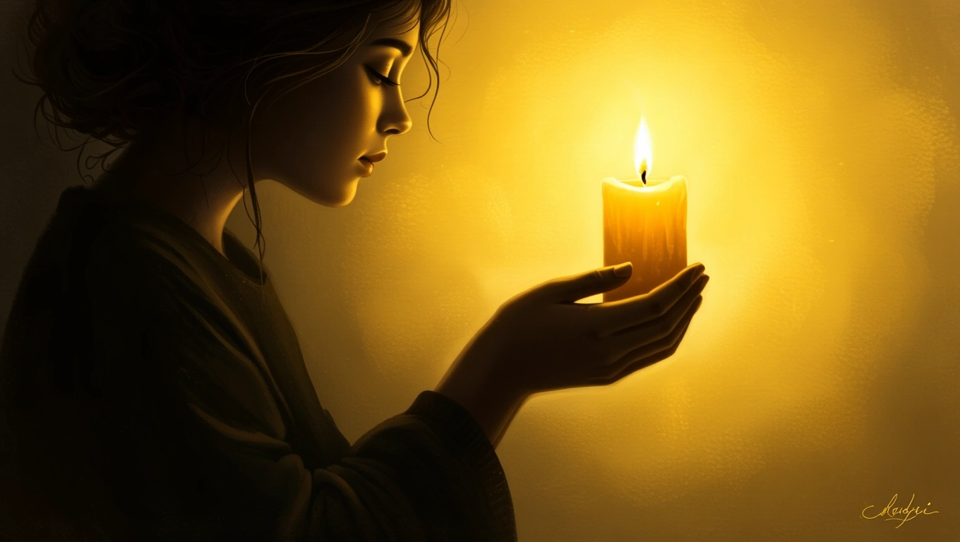 O tânără contemplativă ține o lumânare aprinsă, iluminându-i fața într-o atmosferă de introspecție și singurătate.