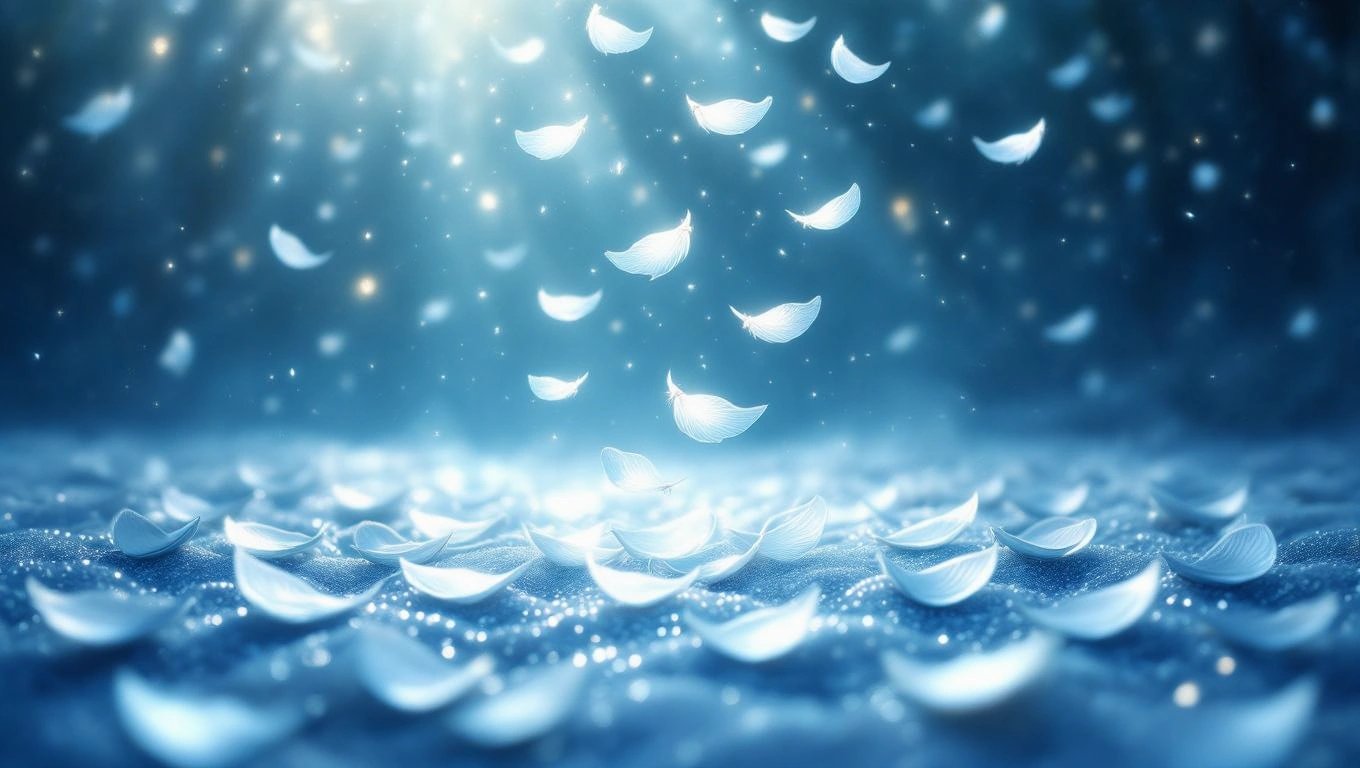 Imagine abstractă cu solzi albi plutind pe un fundal albastru, simbolizând transformarea și renașterea.