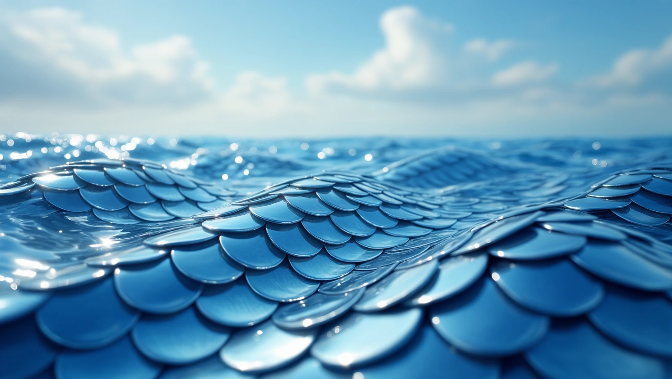 O mare de solzi strălucitori, reflectând lumina soarelui, simbolizând protecție și transformare.