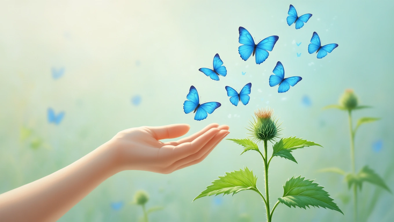 O mână deschisă oferă un sprijin simbolic unei plante de urzică, înconjurată de fluturi albaștri, sugerând transformarea și oportunitățile.