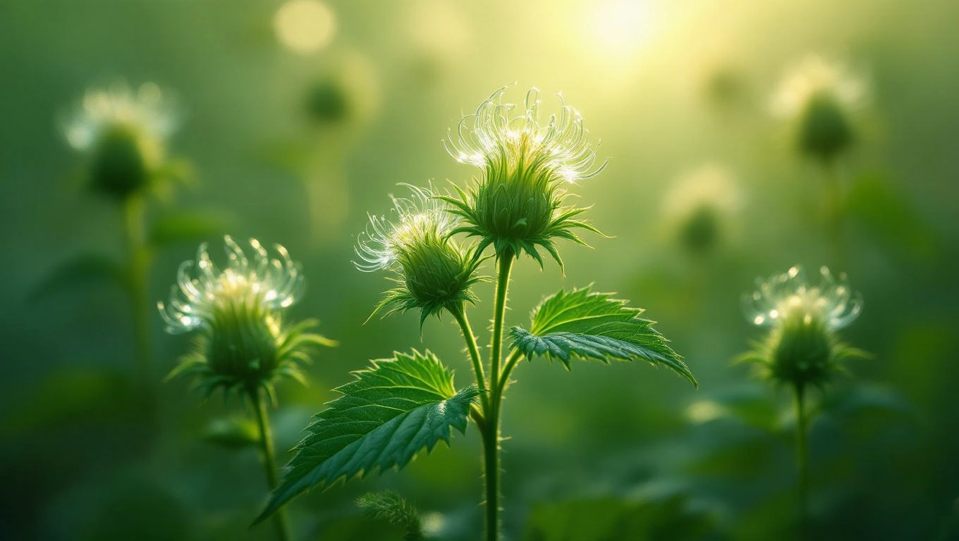 O plantă de urzică cu flori delicate, strălucind în lumina dimineții, simbolizând provocările și oportunitățile de dezvoltare personală.