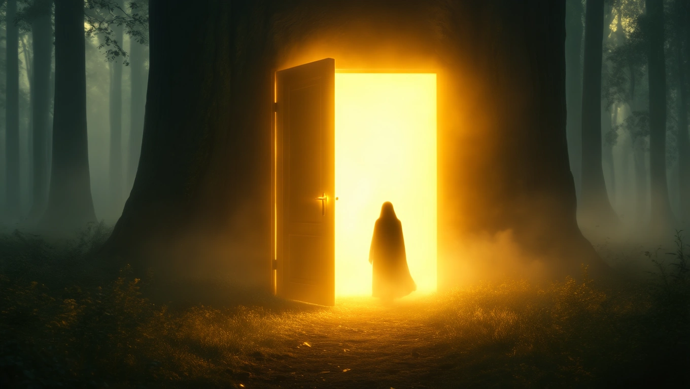 O ușă deschisă strălucește în pădurea misterioasă, simbolizând oportunități și conexiuni noi.