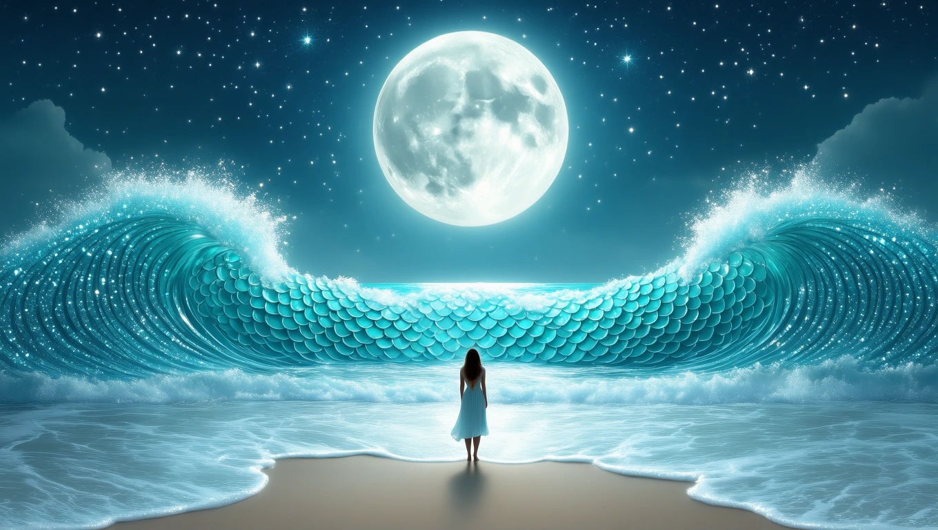 O femeie stă pe plajă, admirând valurile strălucitoare care seamănă cu solzi, sub lumina lunii pline.