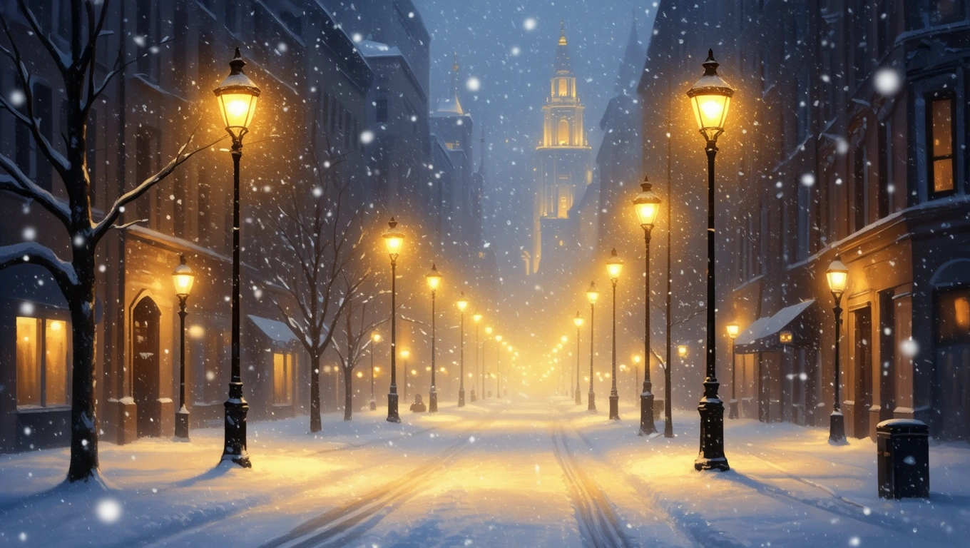 O stradă iluminată de felinare, acoperită de zăpadă, în timpul unei furtuni de zăpadă.