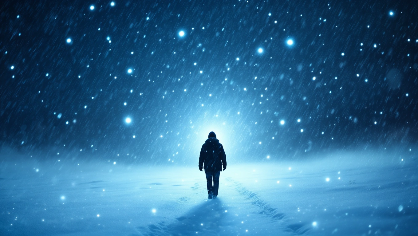 O persoană solitară merge printr-o furtună de zăpadă, înconjurată de ninsoare intensă și o atmosferă misterioasă.