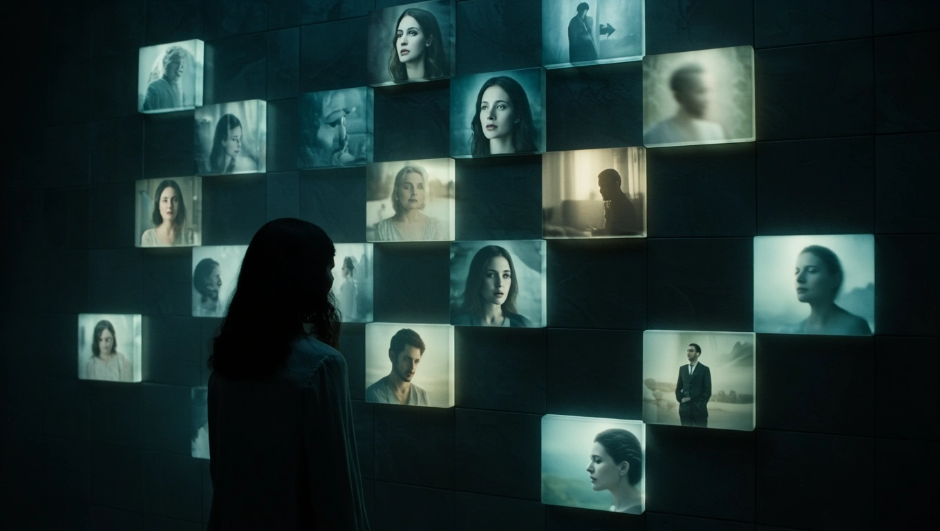 O persoană contemplând un perete acoperit cu plăci de faianță, fiecare având imagini luminoase ale unor fețe umane.