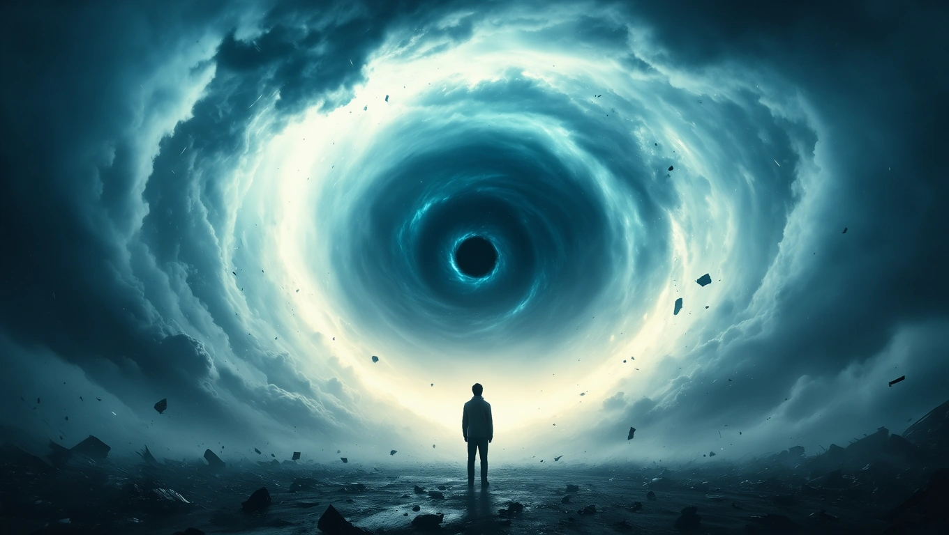 Un bărbat stă în fața unui cer întunecat, cu un vârtej de nori care sugerează un uragan iminent.