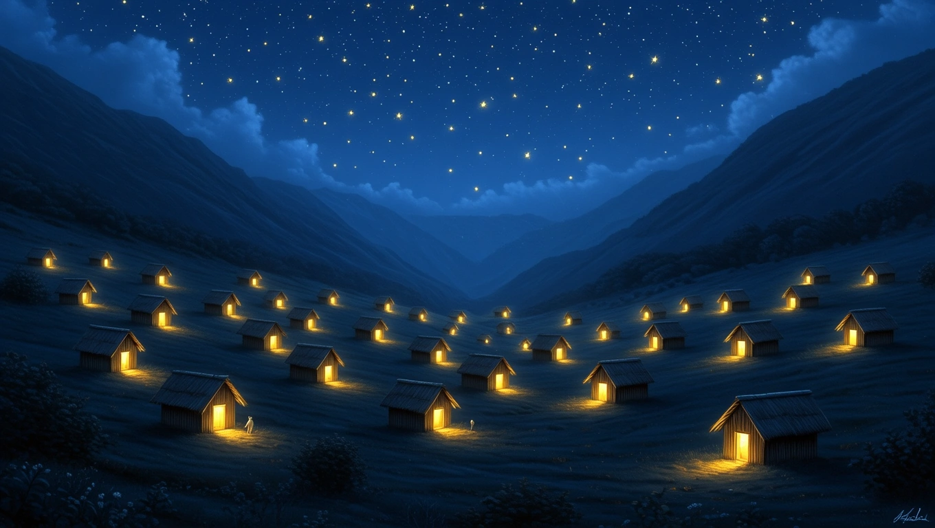 O noapte liniștită într-o vale, cu colibe iluminate sub un cer plin de stele.