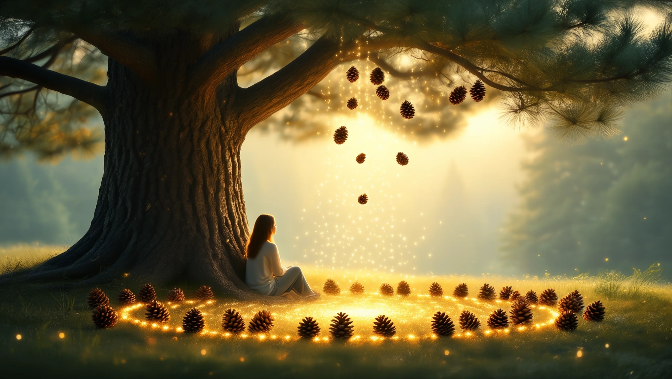 O femeie meditând sub un copac, înconjurată de conuri de brad strălucitoare, simbolizând speranța și renașterea.