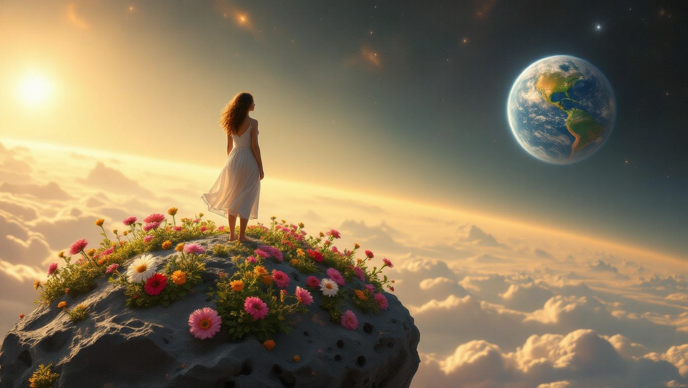 O femeie stă pe un asteroid plin de flori, admirând planeta Pământ în depărtare, simbolizând transformări și revelații.