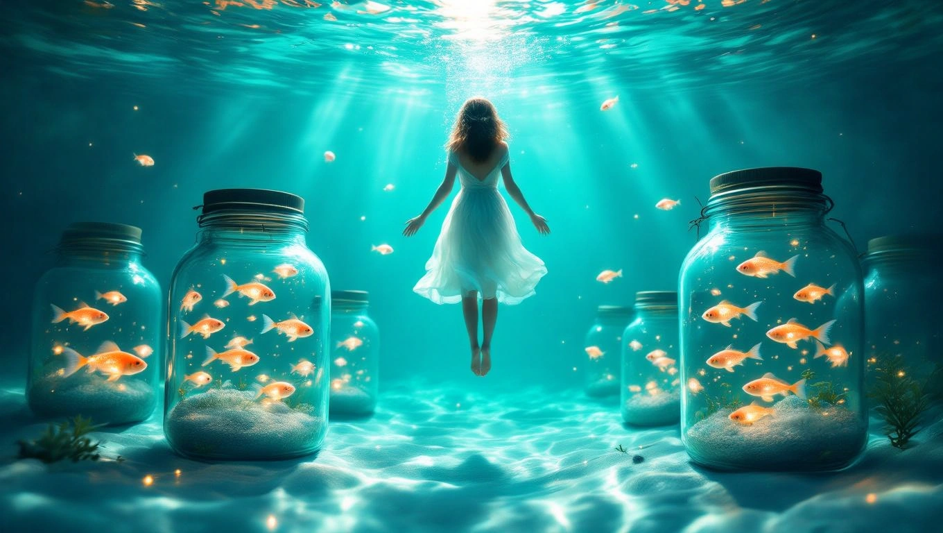 O femeie îmbrăcată în alb plutește sub apă, înconjurată de borcane cu pești aurii, simbolizând dorința de a păstra amintiri prețioase.