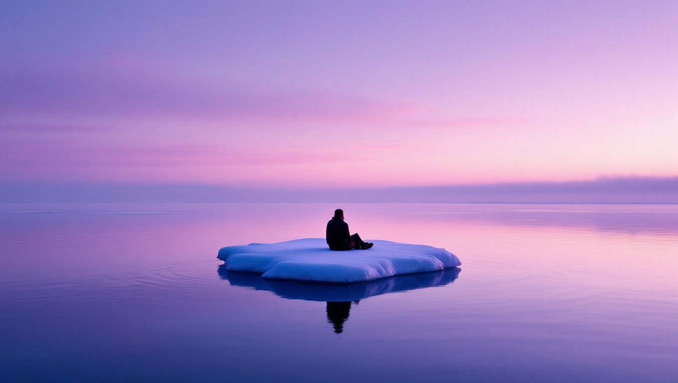 O persoană stă pe o bucată de gheață plutitoare, contemplând peisajul calm al apelor și cerului în nuanțe de violet.