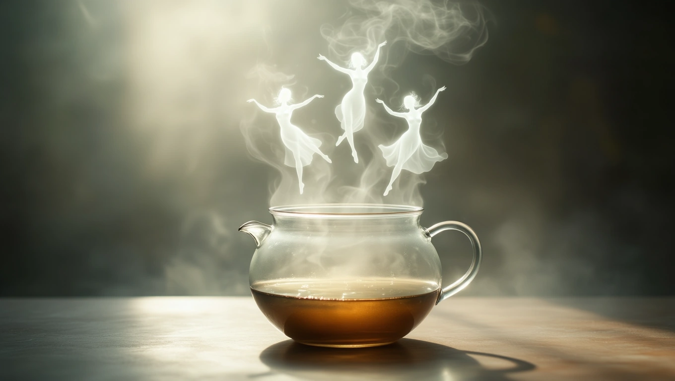 O oală din sticlă cu un lichid cald, din care se ridică aburi în formă de siluete dansatoare.