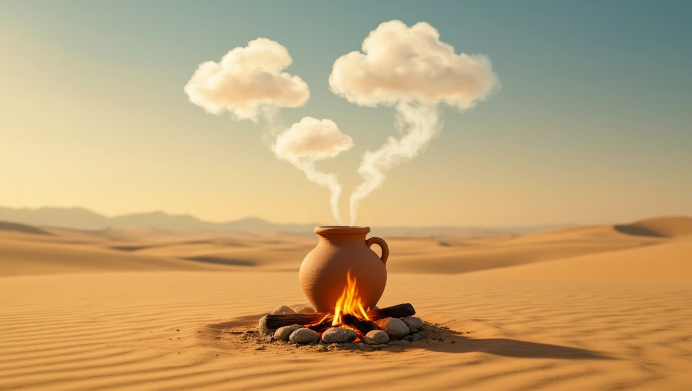 O oală de lut fumegând pe un foc de tabără, în mijlocul unei pustiuri, simbolizând abundența și creativitatea.