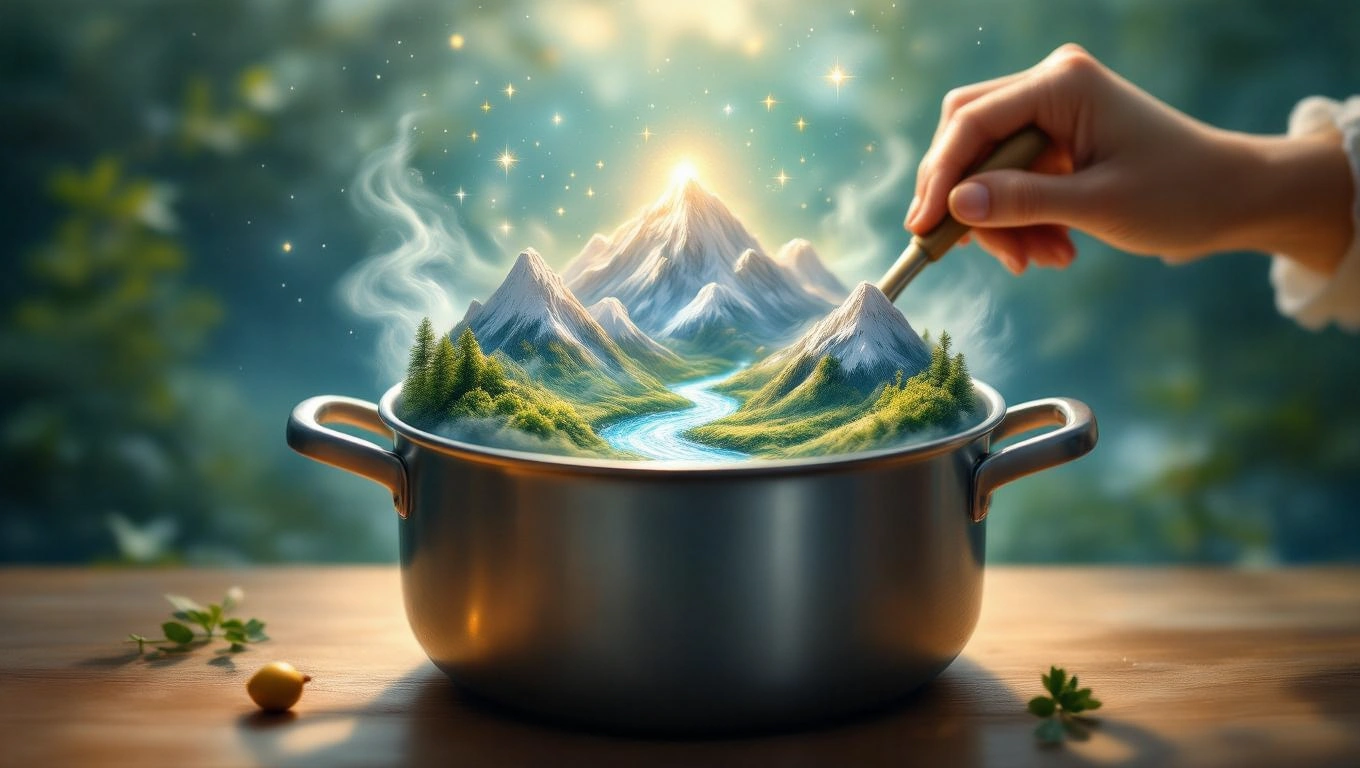 O oală din care ies munți și un râu, simbolizând abundența și creativitatea în vise.