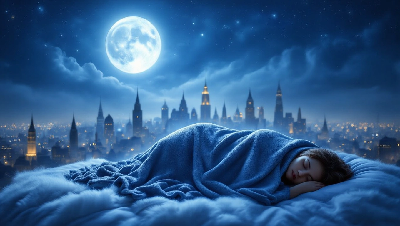 O tânără doarme sub o pătură albastră, înconjurată de un peisaj nocturn cu un cer înstelat și o lună plină.