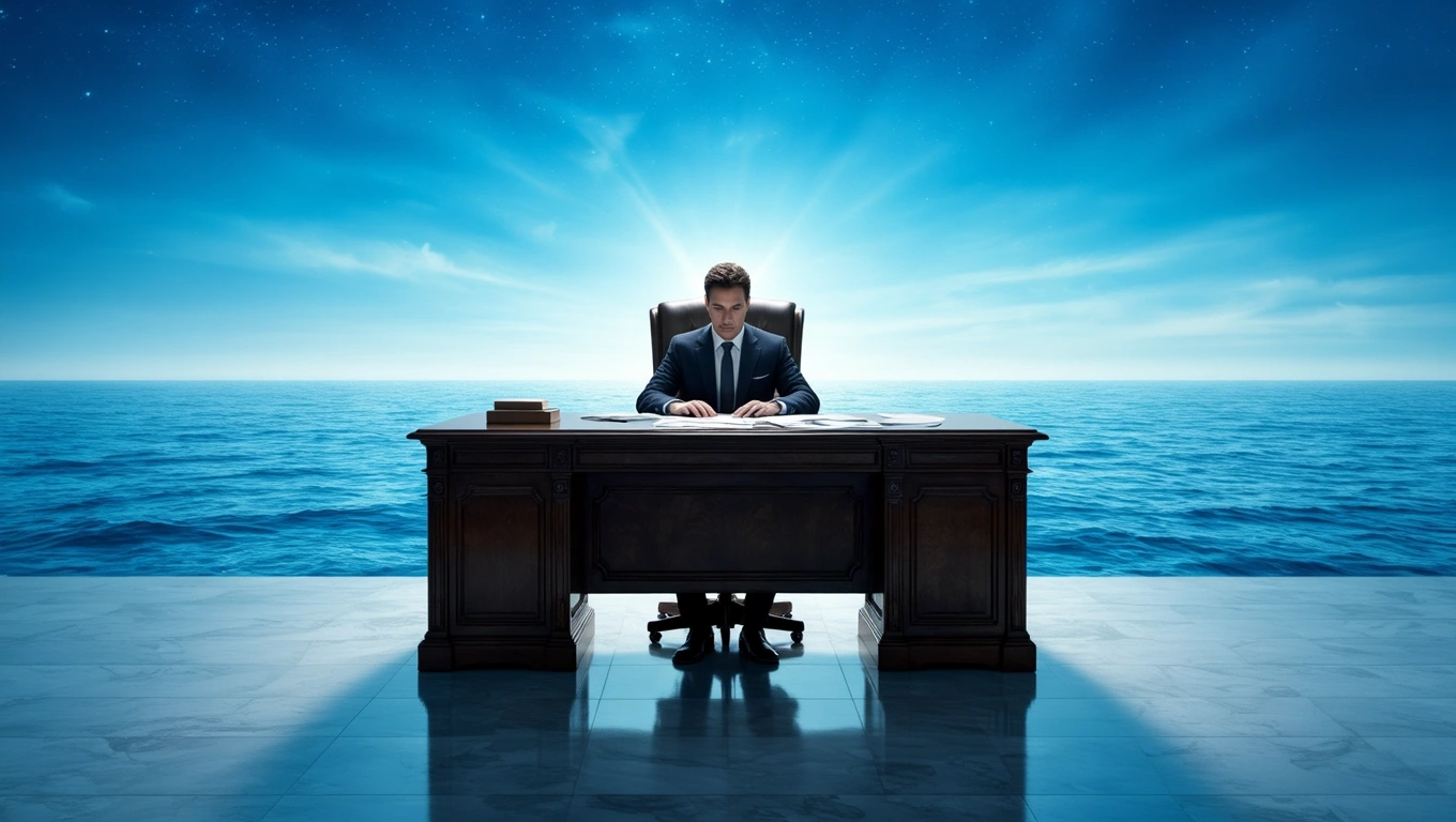 Un bărbat îmbrăcat elegant stă la un birou, contemplând marea sub un cer senin.