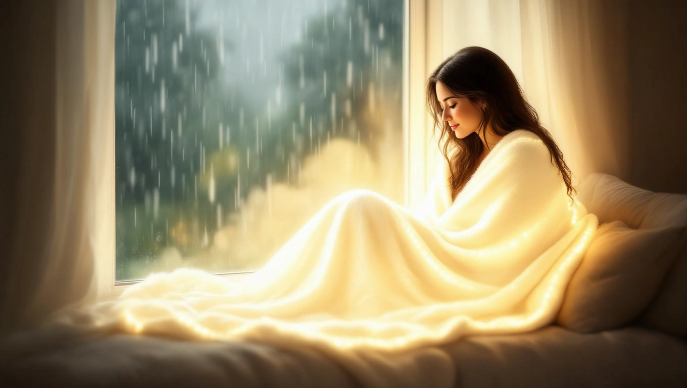 O femeie stă pe o canapea acoperită cu o pătură albă, contemplând ploaia de afară.