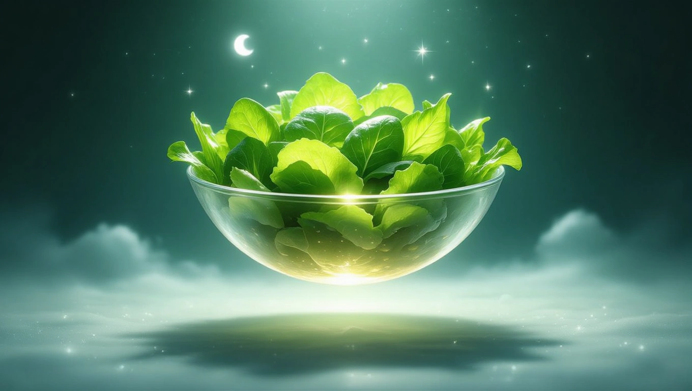 O bol cu salată proaspătă, plină de frunze verzi strălucitoare, plutind într-un mediu oniric.